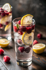 Capture a tall glass of raspberry lemonade with fresh raspberries and lemon slices floating inside