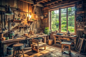 Fototapeta premium rustic morning light wooden workshop scene vintage tool scattered messy space