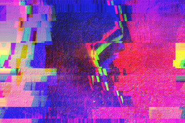 Abstract digital motion glitch art distorted background with pink, blue, purple pixelated texture. Psychedelic 8bit retro futurism, cyberpunk, webpunk, rave 80s 90s aesthetic techno neon colors design