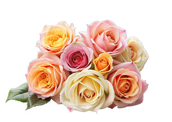 A collection of soft pink, peach, yellow, and white roses, with green leaves, arranged in a bouquet