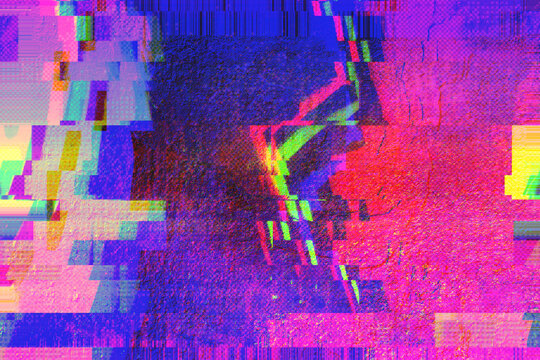 Abstract digital motion glitch art distorted background with pink, blue, purple pixelated texture. Psychedelic 8bit retro futurism, cyberpunk, webpunk, rave 80s 90s aesthetic techno neon colors design