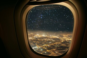 Fototapeta premium Nighttime View of City Lights from an Airplane Window