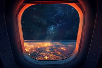 Naklejka premium Airplane Window View of Nighttime City Lights and Starry Sky