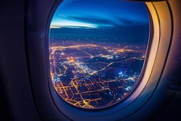 Naklejka premium Nighttime City Lights Viewed From Airplane Window