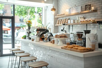 A white and brown cafe with a counter and stools