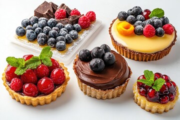 A selection of colorful desserts featuring tarts with fruits and chocolate.