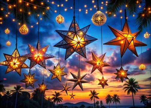 dramatic Philippine parol silhouettes punctuate dark blue twilight sky amidst twinkling starry night lanterns softly glowing warm magical festive atmosphere