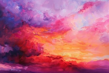 Fototapeta premium A painting showing a sky filled with hues of pink, orange, and other vibrant colors, with fluffy clouds scattered throughout, Golden sunsets painting the sky in hues of orange and pink