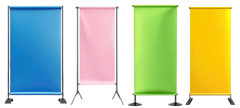 A row of four colorful banners, each with a different color