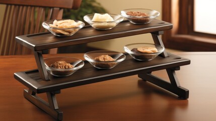 Two Tier Wooden Serving Stand with Glass Bowls
