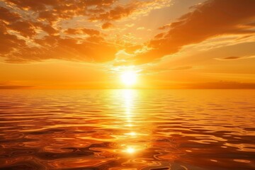 Fototapeta premium The sun is setting over the water, creating a golden glow on the horizon, Sun setting over the horizon, casting a golden glow