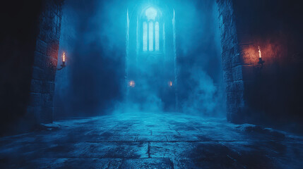 Mysterious stone chamber illuminated by blue light with flames flickering from wall sconces