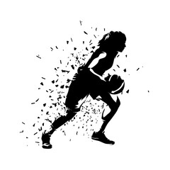 Woman playing basketball. She runs and dribbles, isolated vector silhouette, ink drawing. Female basketball logo