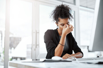 Headache, thinking and woman in office, computer and stress of research, online and journalist on desk. Company, digital and reporter with keyboard for editing of story for blog, news and migraine