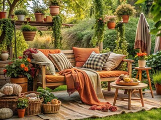 Fototapeta premium Sunkissed serenity, lush greenery, warm terracotta, rustic wooden accents, soft afternoon light, vintage garden decor, blooming floral patterns, cozy throw blankets, natural textures, peaceful retreat