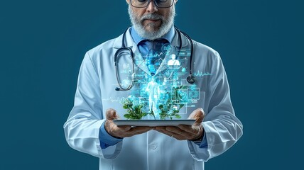A scientist holds a tablet displaying holographic healthcare data and plant growth, symbolizing innovation in medicine.