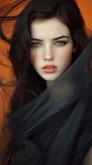 Fototapeta premium A mysterious young woman draped in black fabric, with intense eyes and a wind-swept look, embodying the dark elegance of Halloween.