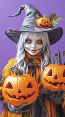 Fototapeta premium A young witch with silver hair and glowing yellow eyes holds two carved pumpkins, embodying a spooky yet playful Halloween spirit.
