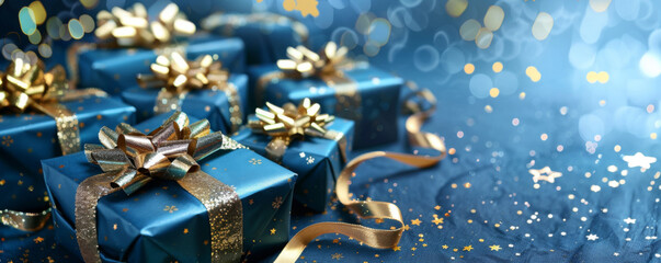 Blue Christmas presents with golden ribbons
