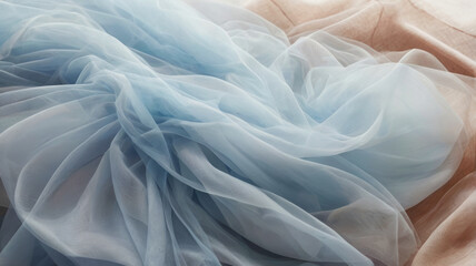 Fototapeta premium Light airy light pale blue fabric background made of organza or tulle with beautiful folds, fabric texture with waves