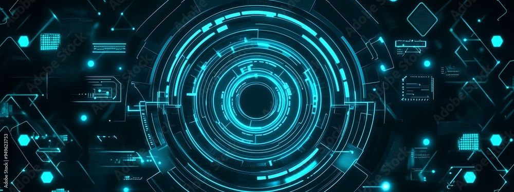 Poster abstract futuristic digital interface with glowing blue circles and lines