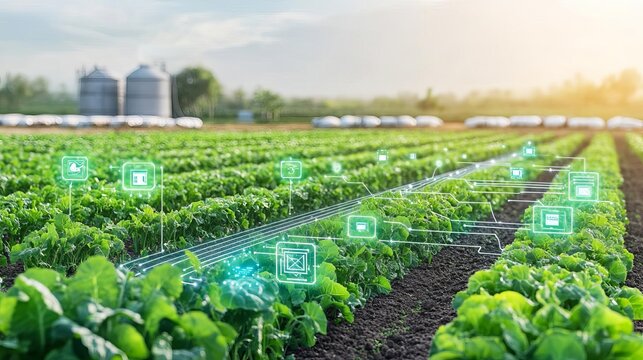 Agricultural field with connected sensors, internet of things in agriculture, smart farming innovations