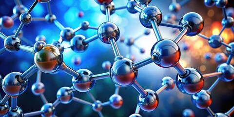 3D illustration render of interconnected molecules representing scientific research, with a vibrant color palette, glowing particles, and dynamic movement, ideal for a presentation backdrop