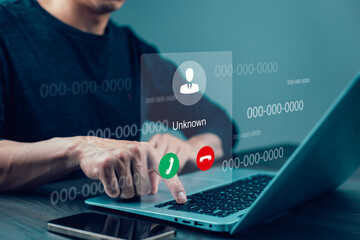 Unknown incoming call concept. a man receiving suspected spam call on smartphone from an unknown caller. Phone call from stranger. Phone call from unknown number.