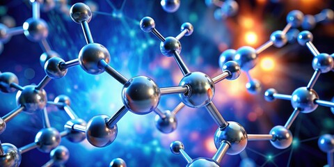 3D illustration render of interconnected molecules representing scientific research, with a vibrant color palette, glowing particles, and dynamic movement, ideal for a presentation backdrop