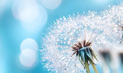 Obraz premium Macro of big white dandelion flower. Blue background with white dandelion with copy space. Dandelion flowers for wallpaper, web design, greeting card.