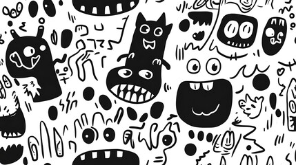 Abstract Black and White Doodle Pattern with Monsters and Shapes