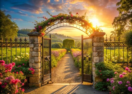 serene vintage rustic gate entrance surrounded by blooming spring flowers and lush vines at a charming vineyard estate under warm golden morning light