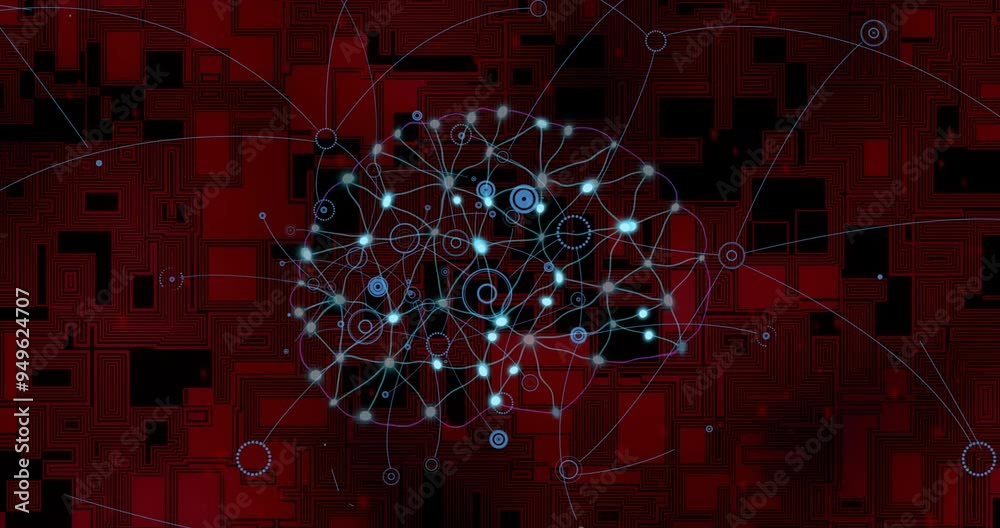 Poster neural network connections and data processing animation over red geometric background