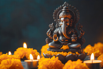 Ganesha, the Hindu deity, is in the center, wearing golden and red-colored. Illustration for Ganesha Chaturthi, Diwali, Sankashti Chaturthi, Gudi Padwa< Vinayak Chaturthi, Magha Ganapati holiday.	