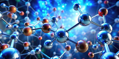 3D illustration render of interconnected molecules representing scientific research, with a vibrant color palette, glowing particles, and dynamic movement, ideal for a presentation backdrop
