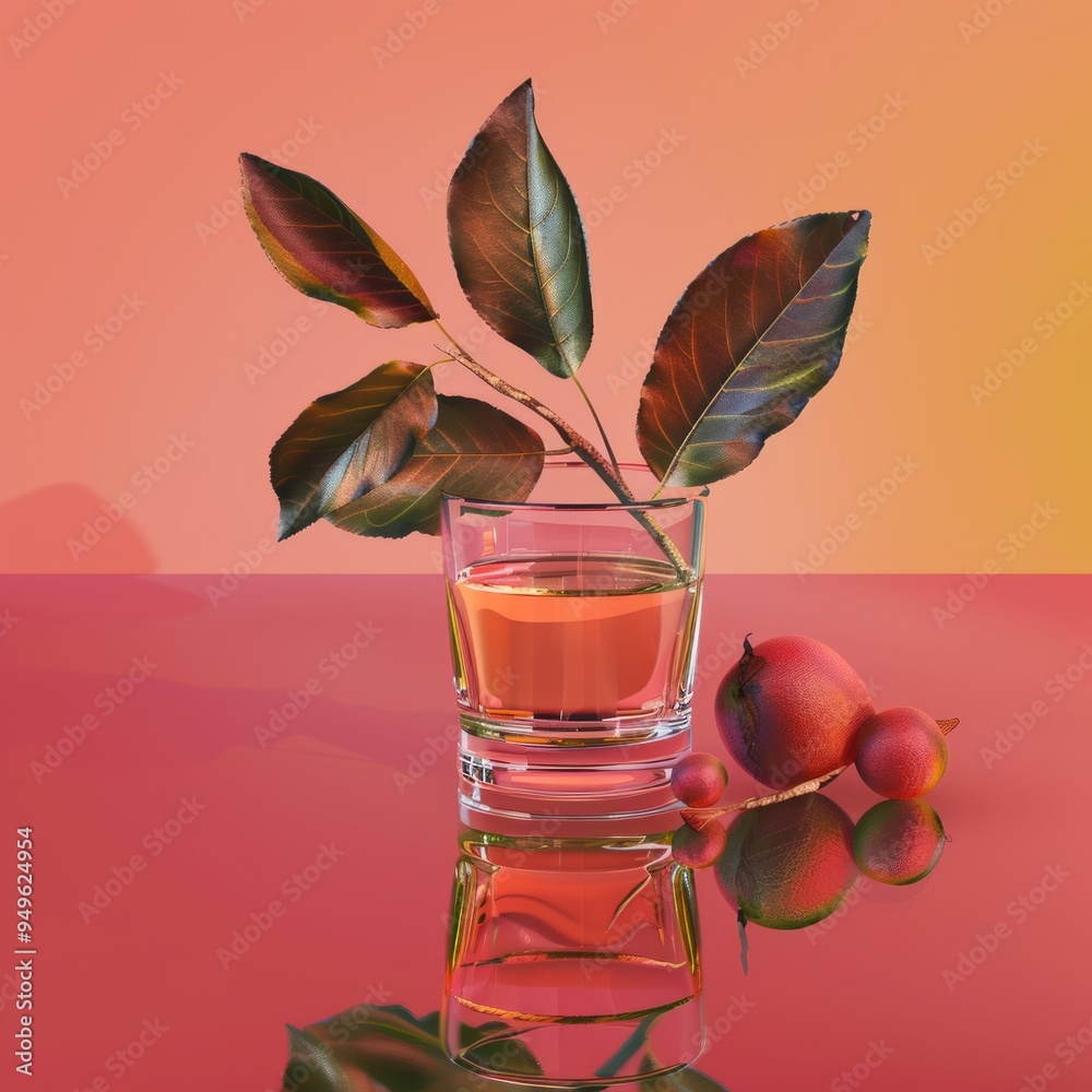 Poster Glass of liquid with autumn leaves and red fruits on a reflective surface.