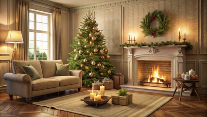 Naklejka premium Cozy living room scene featuring simple Christmas tree embellished with vintage-inspired burlap pattern complemented by warm beige tones and candlelit fireplace.