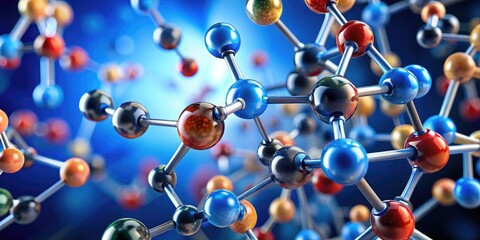 3D illustration render of interconnected molecules representing scientific research, with a vibrant color palette, glowing particles, and dynamic movement, ideal for a presentation backdrop