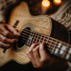 Fototapeta premium hands playing Spanish guitar music chords. activist music