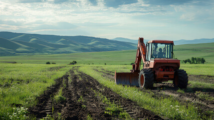 Obraz premium Excavator Working in Field with Mountain Landscape