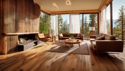 minimalist living room interior featuring a wooden sofa, armchair, and coffee table. The room is decorated with natural elements such as plants and a wooden floor, cozy