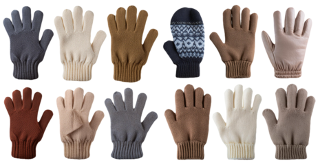 Warm winter gloves in various colors isolated on transparent background