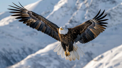 Obraz premium Majestic Eagle Soaring Over Snow-Capped Peaks
