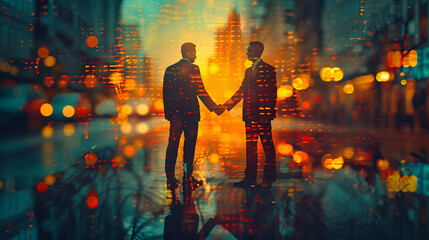 Double Exposure Illustration of Two Business People Shaking Hands with Cityscape and International Bank Building in the Background, Symbolizing Successful Business Partnership and Global Financial Col