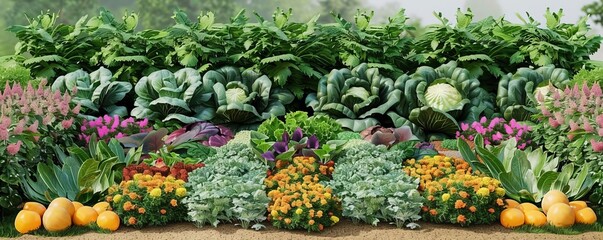 A vibrant vegetable garden with companion planting layout, Organic farming techniques, Sustainable methods