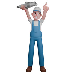 Automotive 3D Cartoon. A mechanic is standing with his right hand lifting the spark plug up. Male Mechanic