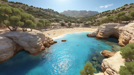 Obraz premium Explore a stunning beach scene adorned with dramatic rock formations and rugged cliffs. The illustration highlights the rugged terrain and tranquil waters of a picturesque coastal environment