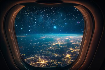 Fototapeta premium Nighttime View of Earth from an Airplane Window