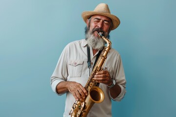 Naklejka premium A man wearing a straw hat is playing a saxophone