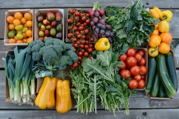 A variety of sustainably grown produce from local farms displayed on a table, Sustainably grown produce from local farms